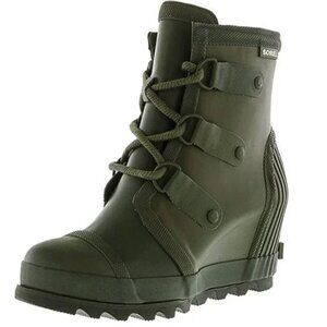 Sorel Joan Rain Winter Rubber Wedge Boots Olive Green Size 8.5